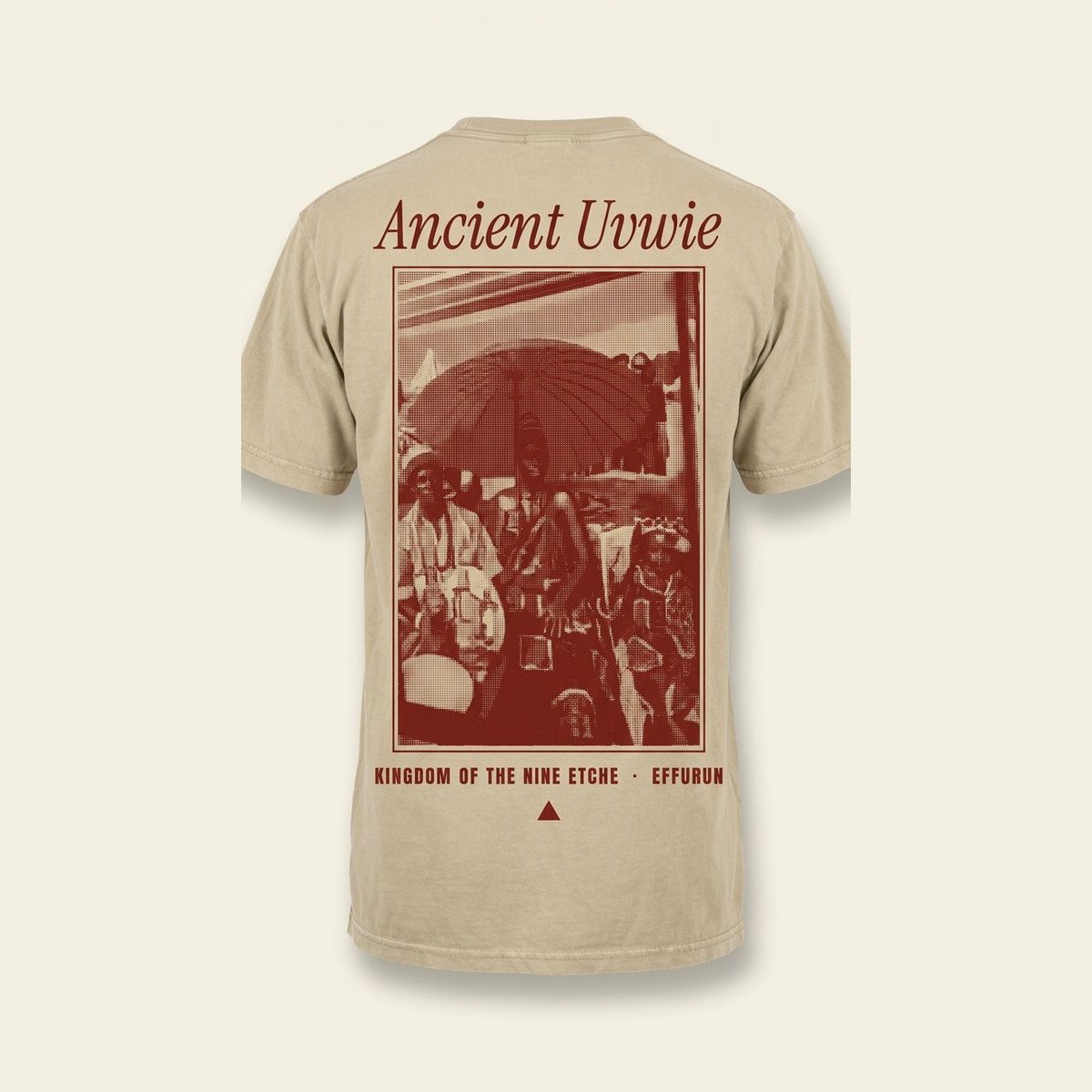 The back of the washed sand tee with a framed halftone of the archive photograph.