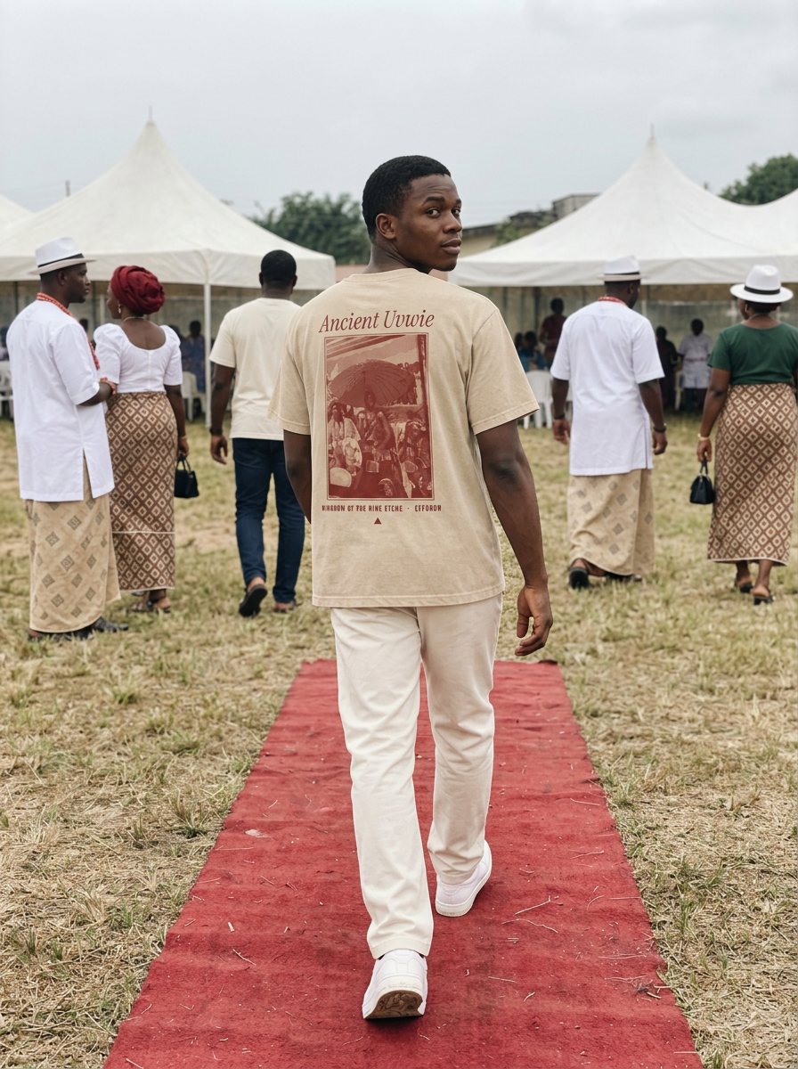 A young man walking the red carpet in the washed sand Archive Tee, the archive print on his back.
