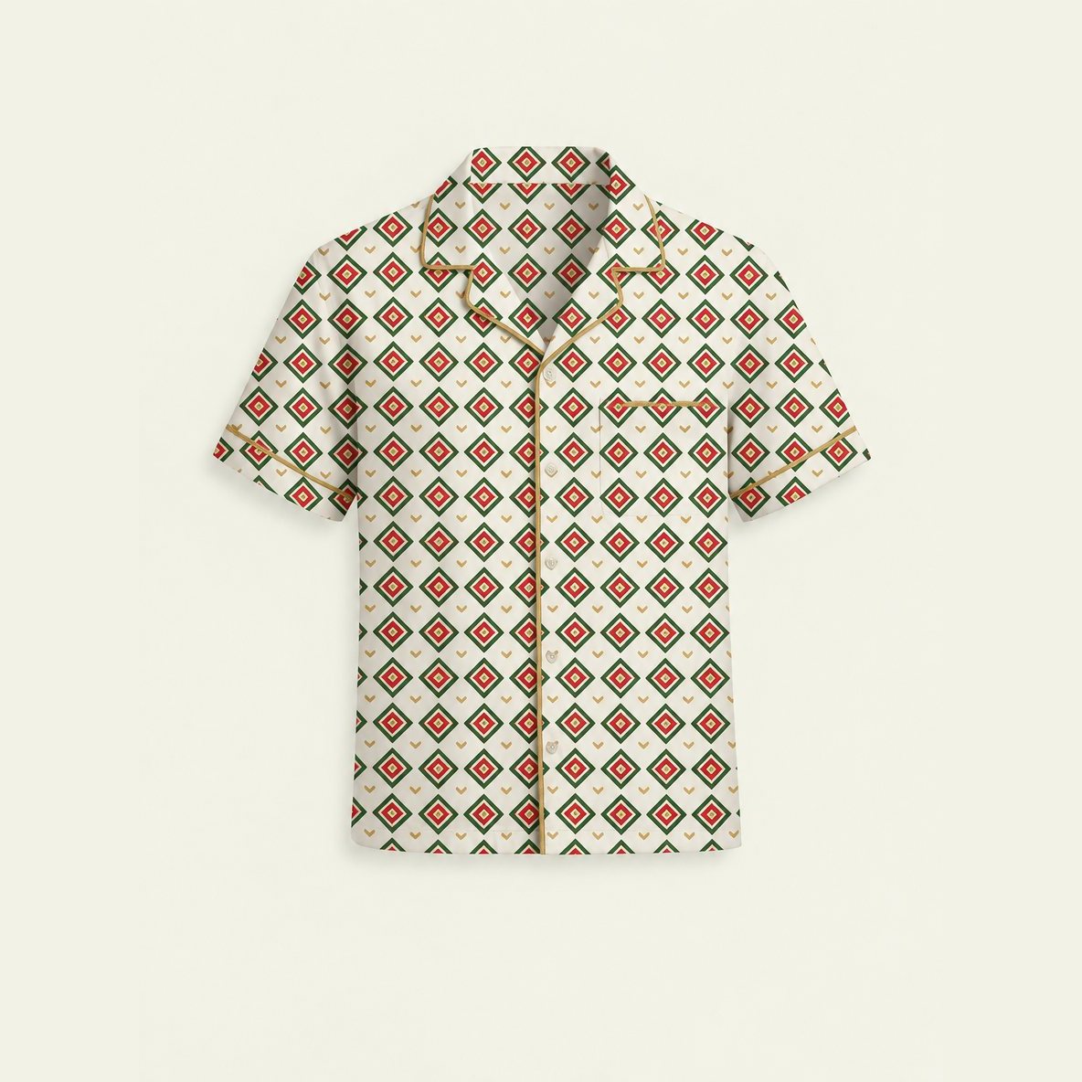 A camp-collar overshirt in the red, green and gold Uvwie diamond print.