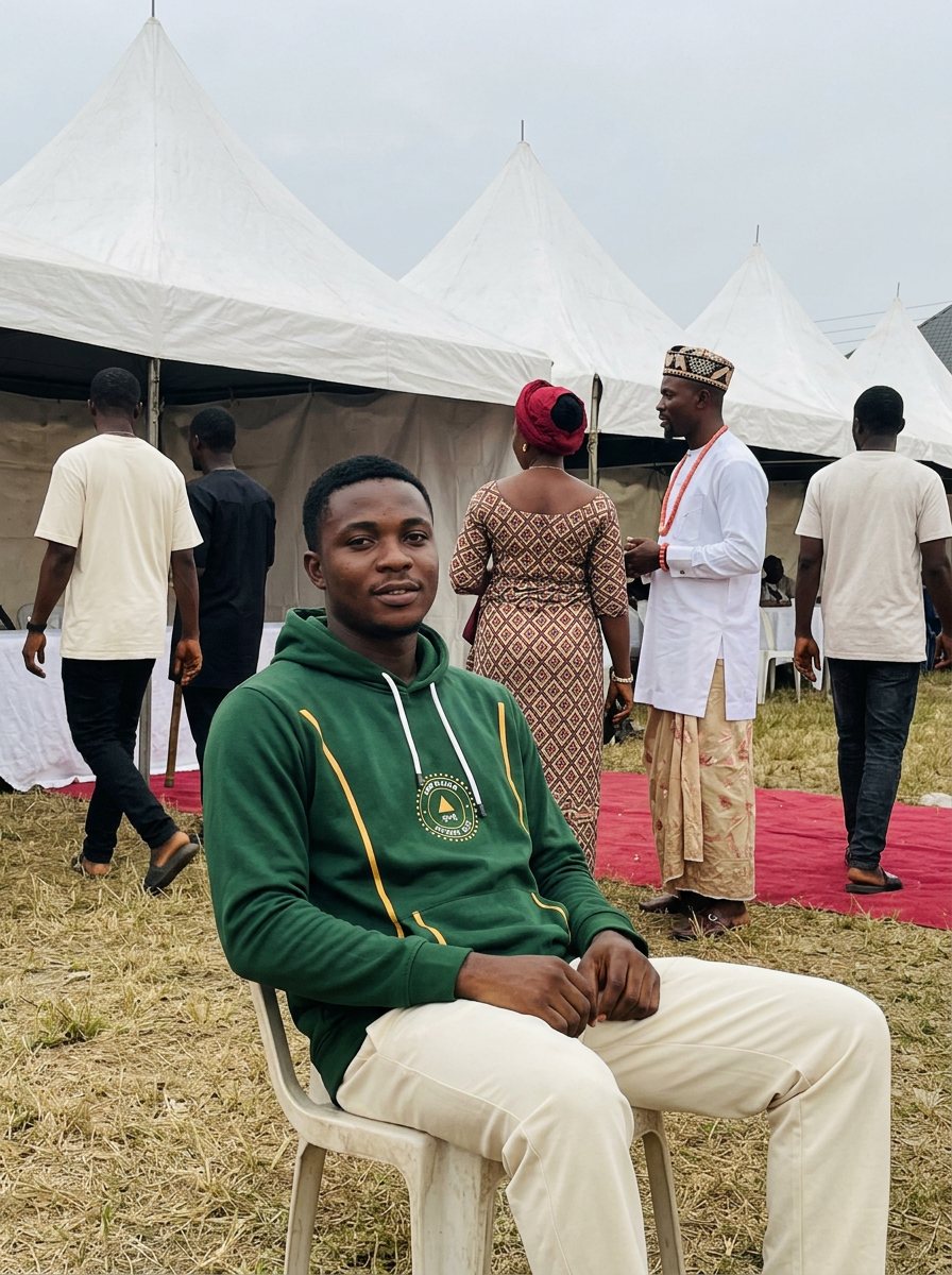 A young man seated on the festival ground in the forest piping hoodie.