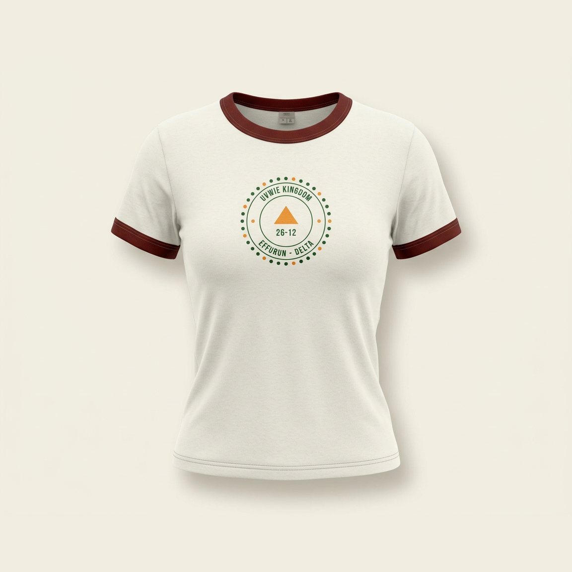 Fitted ivory tee with oxblood collar and cuffs and the round crest.