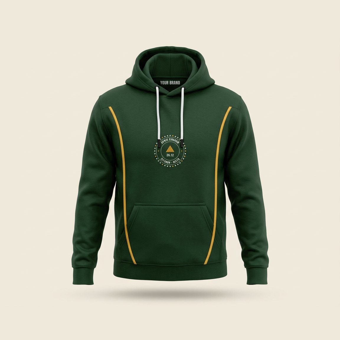 Forest green hoodie with curved gold piping and an embroidered crest.