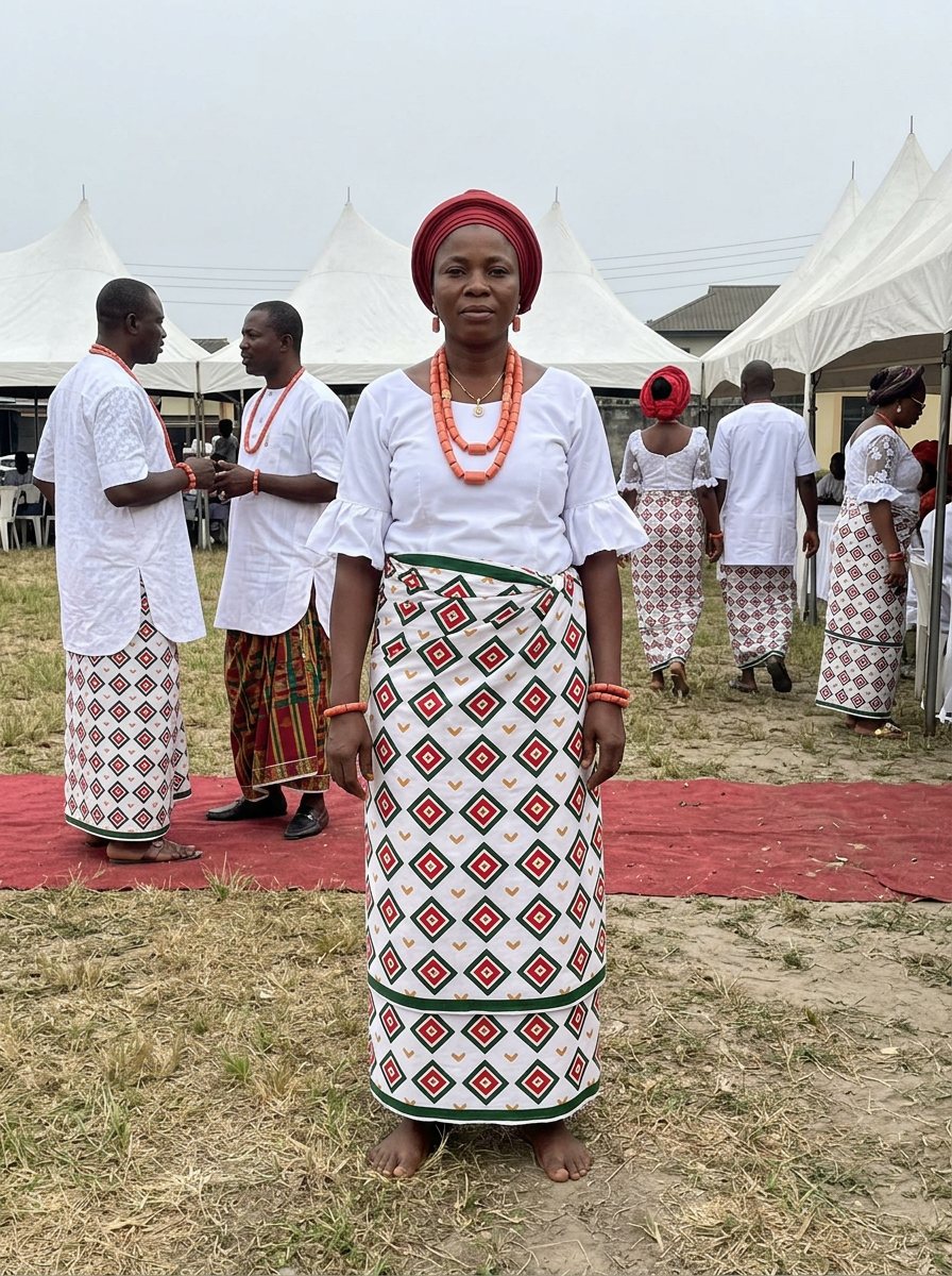 A woman in a white blouse, the diamond-print wrapper, coral beads and a red head-tie.