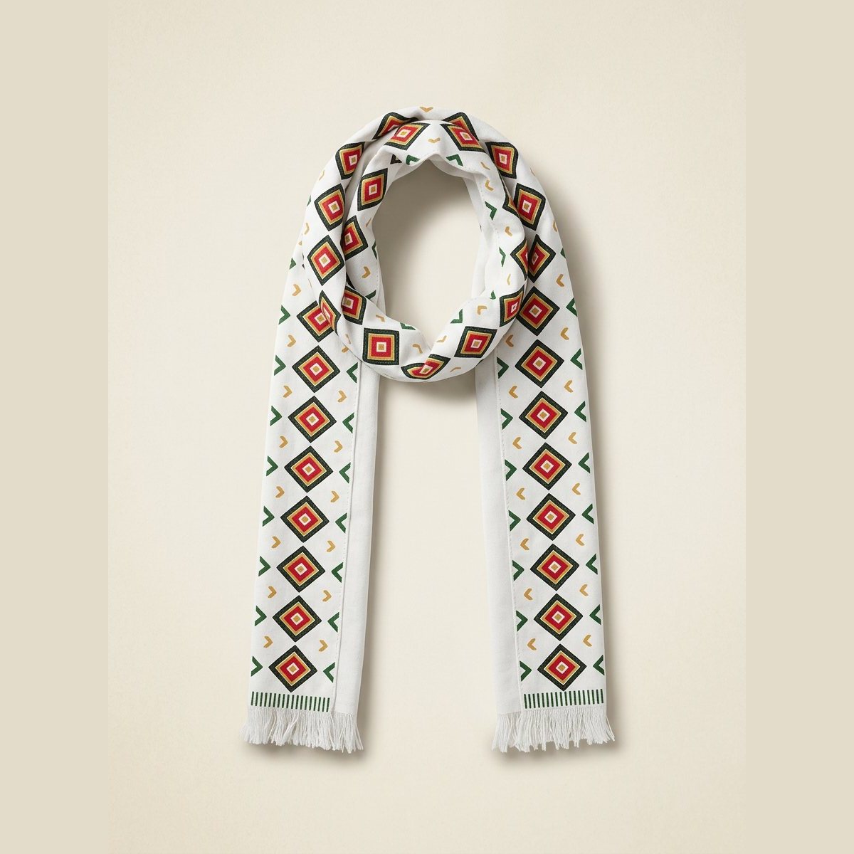 The diamond-print stole with fringed ends.