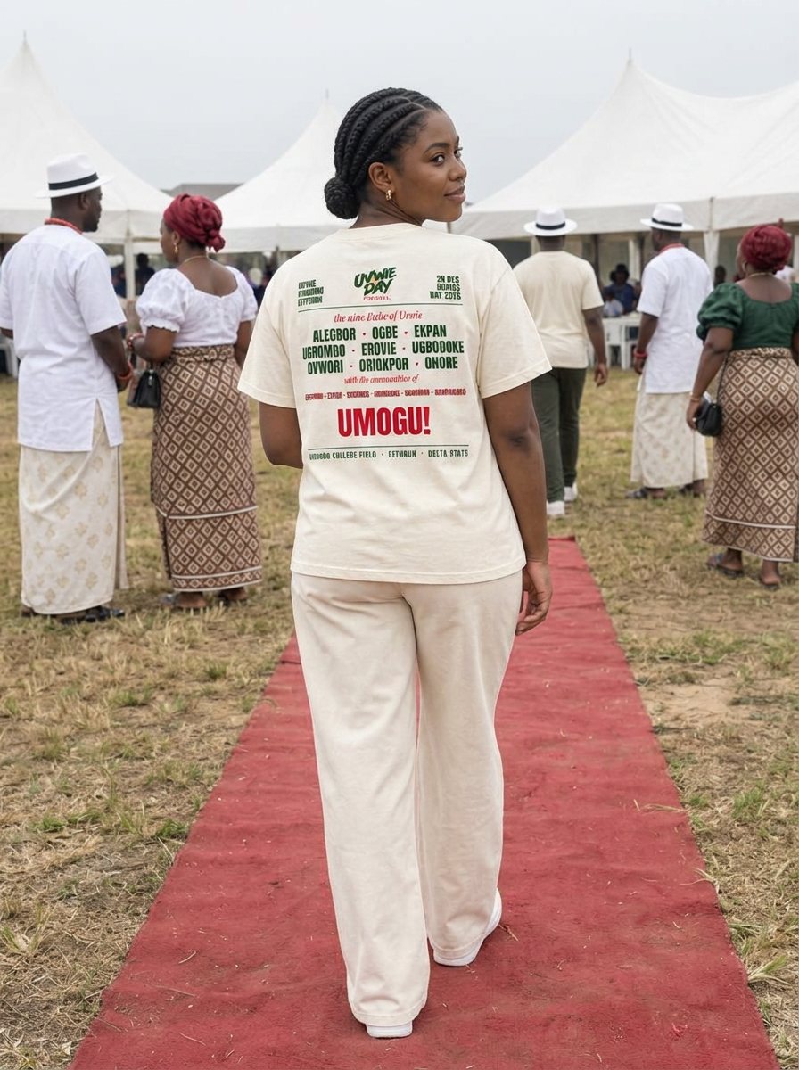 A young woman walking the red carpet in the ivory Nine Etche lineup tee, the lineup print on her back.