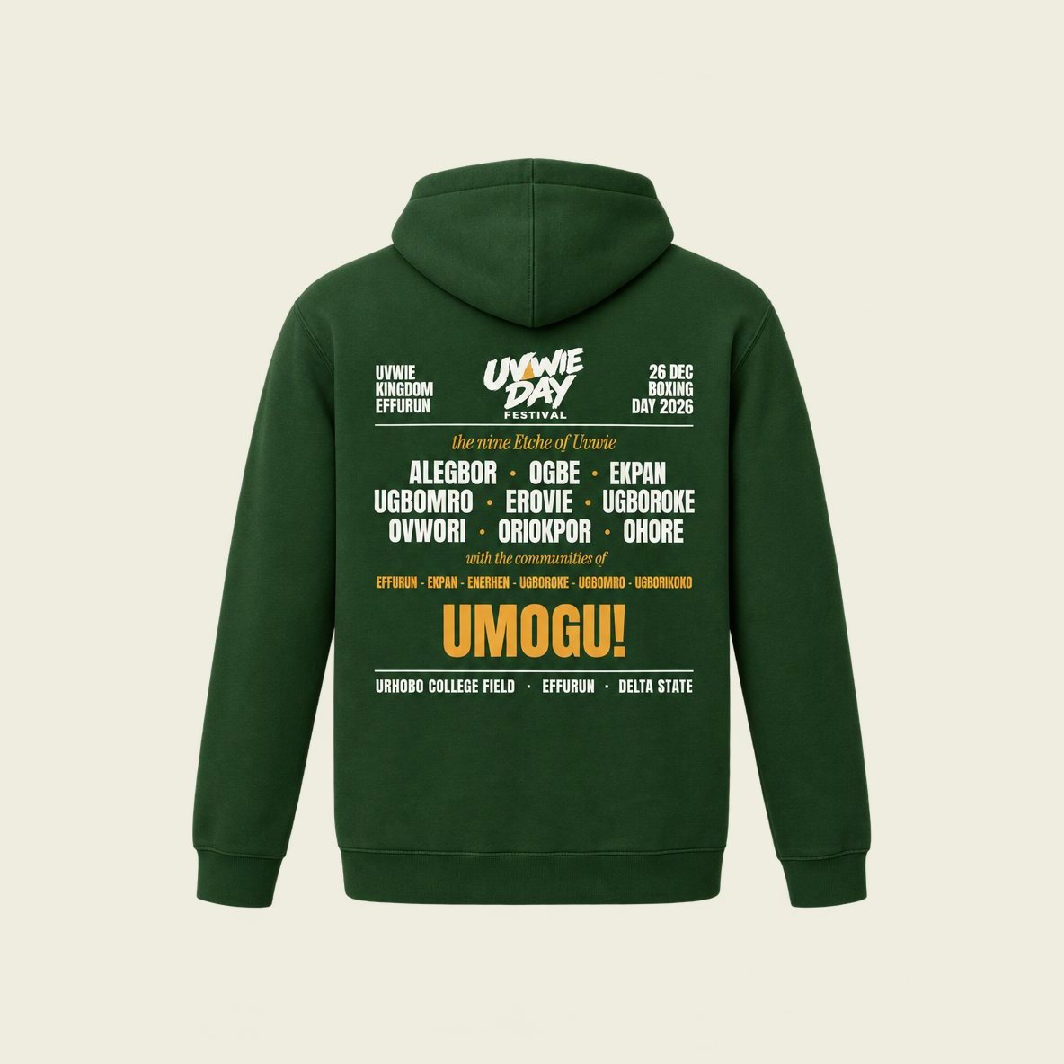 The back of the forest hoodie printed with the lineup in ivory and gold.