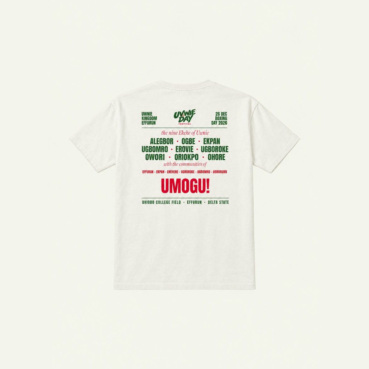 The back of the ivory tee printed with the nine Etche lineup and UMOGU!.