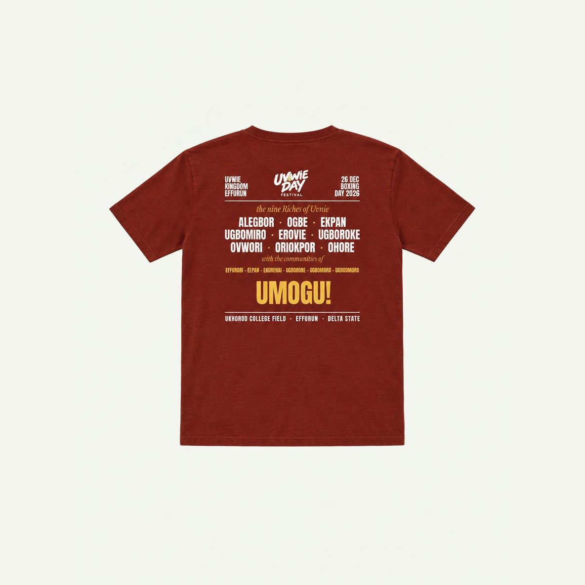 The back of the oxblood tee printed with the lineup in ivory and gold.