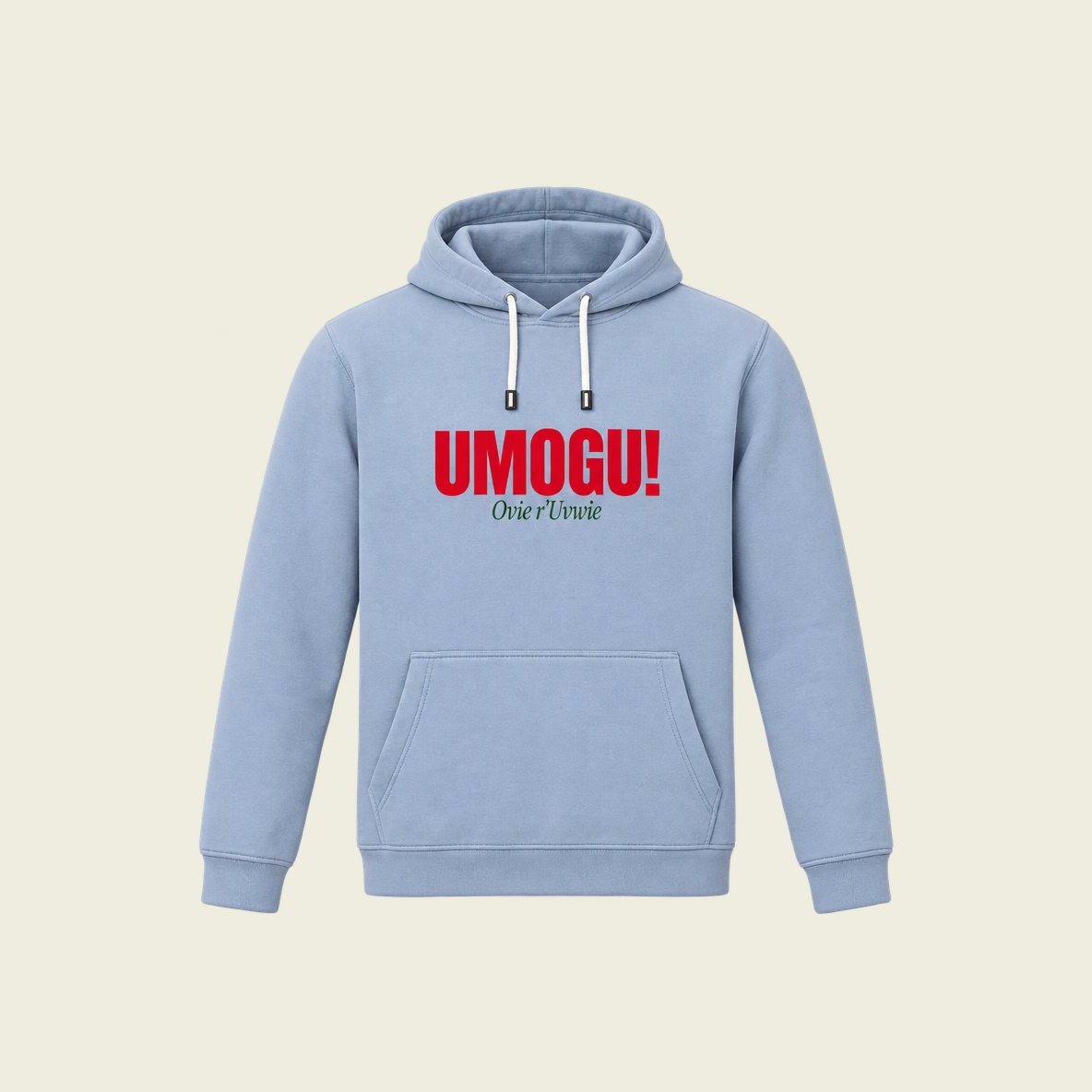 Sky blue hoodie printed UMOGU! in red.
