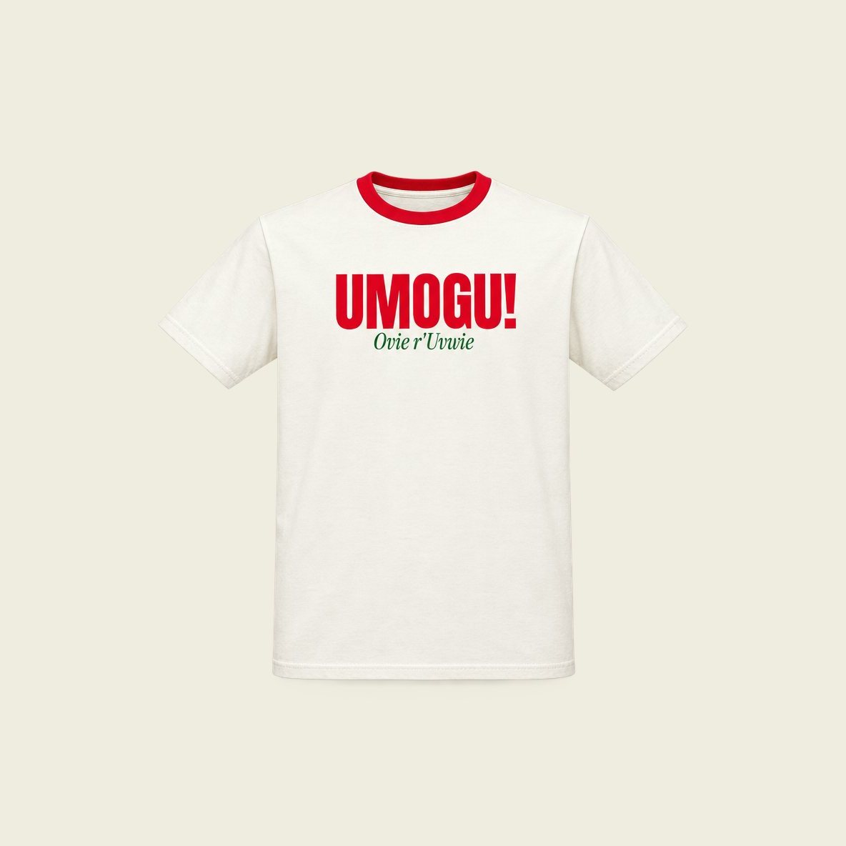 Ivory tee with a red collar printed UMOGU! and Ovie r'Uvwie.