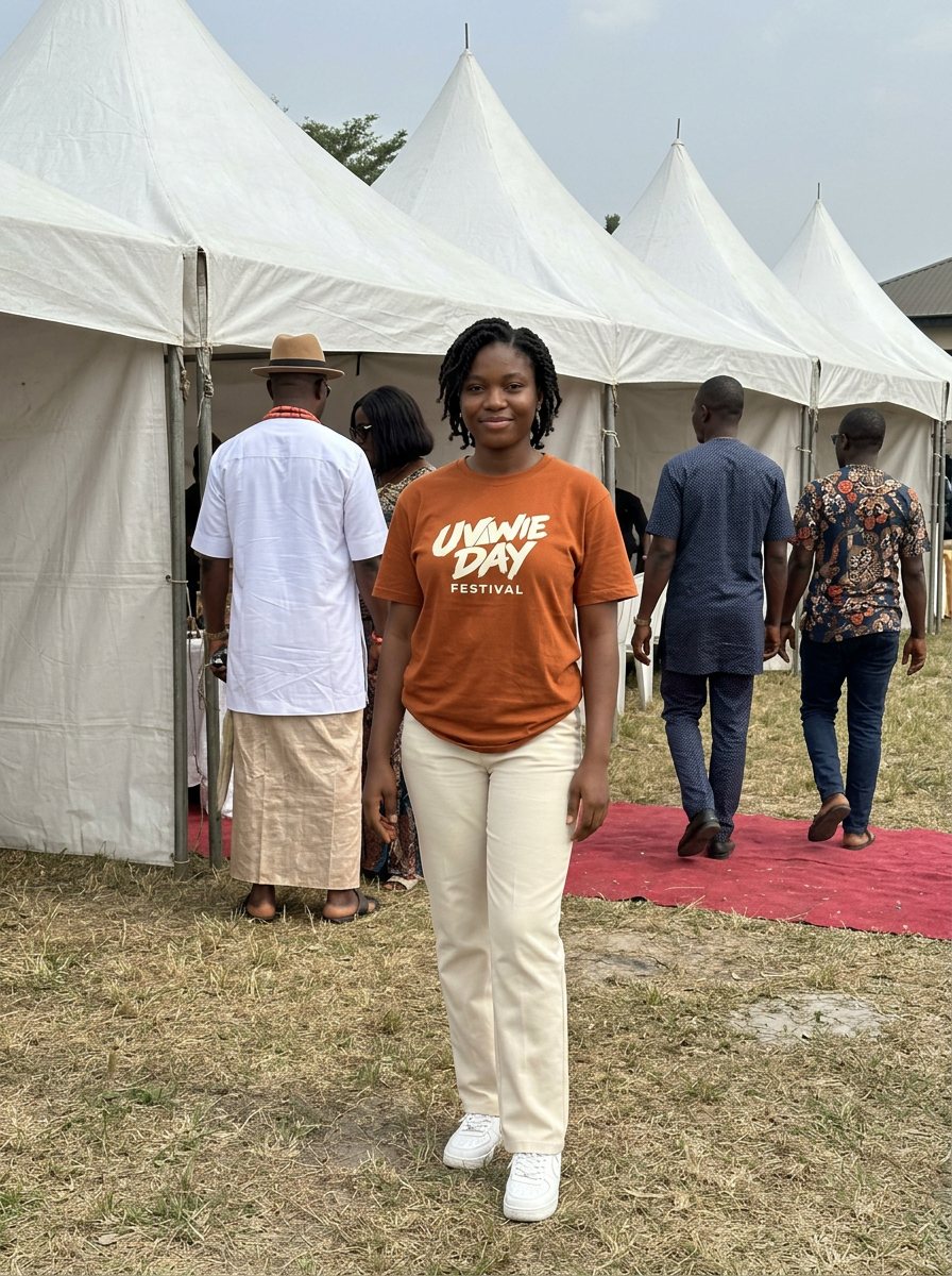 A young woman in the burnt orange Uvwie Day tee beside the festival tents.