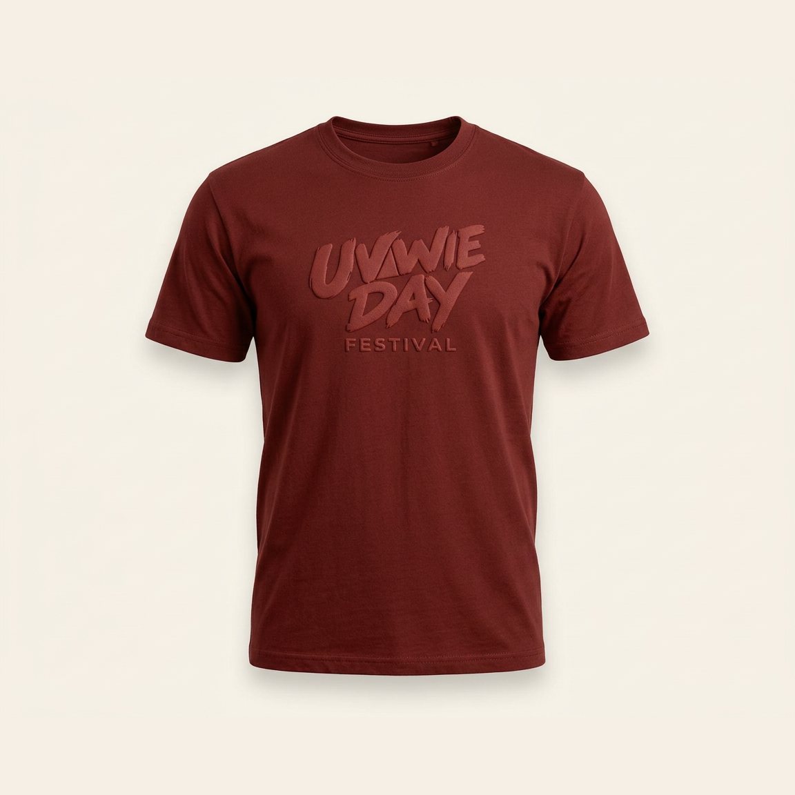 Oxblood tee with a raised tonal Uvwie Day Festival logo.