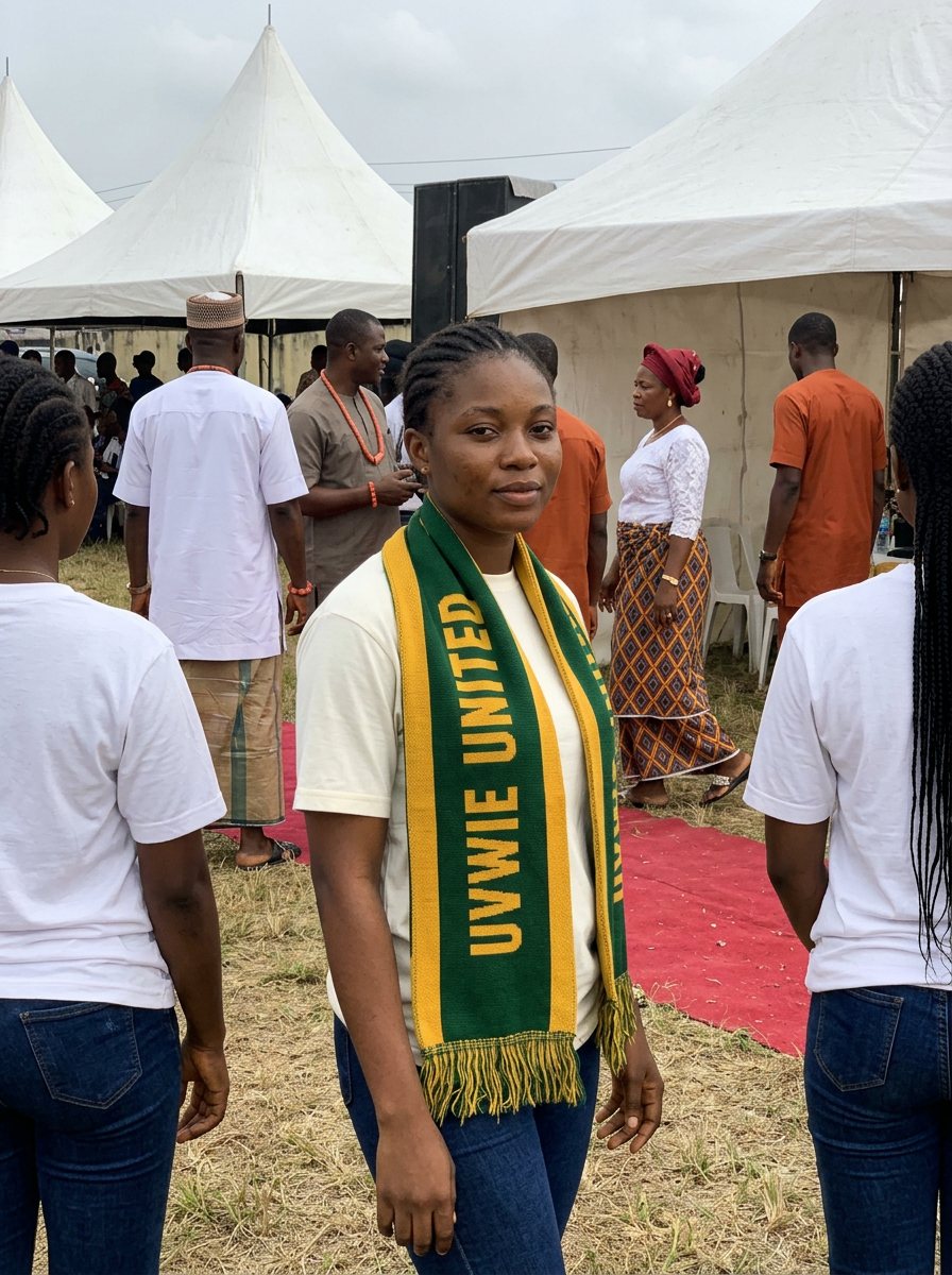 A young woman wearing the forest and gold Uvwie United scarf at the festival.