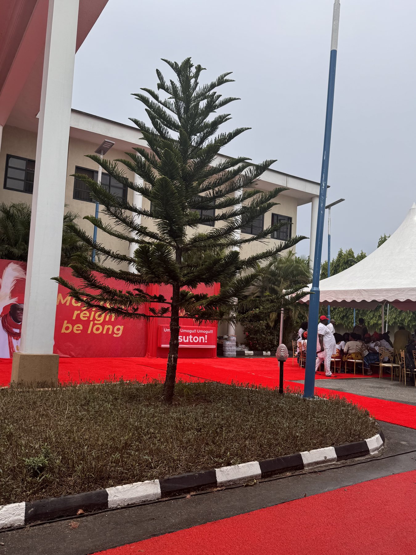 The palace forecourt with a pine tree, red carpet and a red banner reading "May your reign be long".