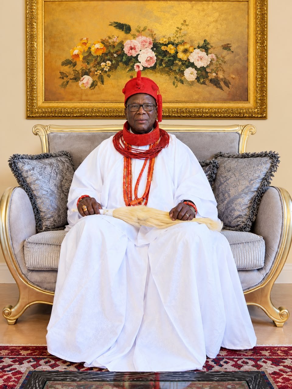 HRM (Dr) Emmanuel E. Sideso, Abe I, the Ovie of Uvwie, seated in white robes with a red coral crown and coral bead necklaces.